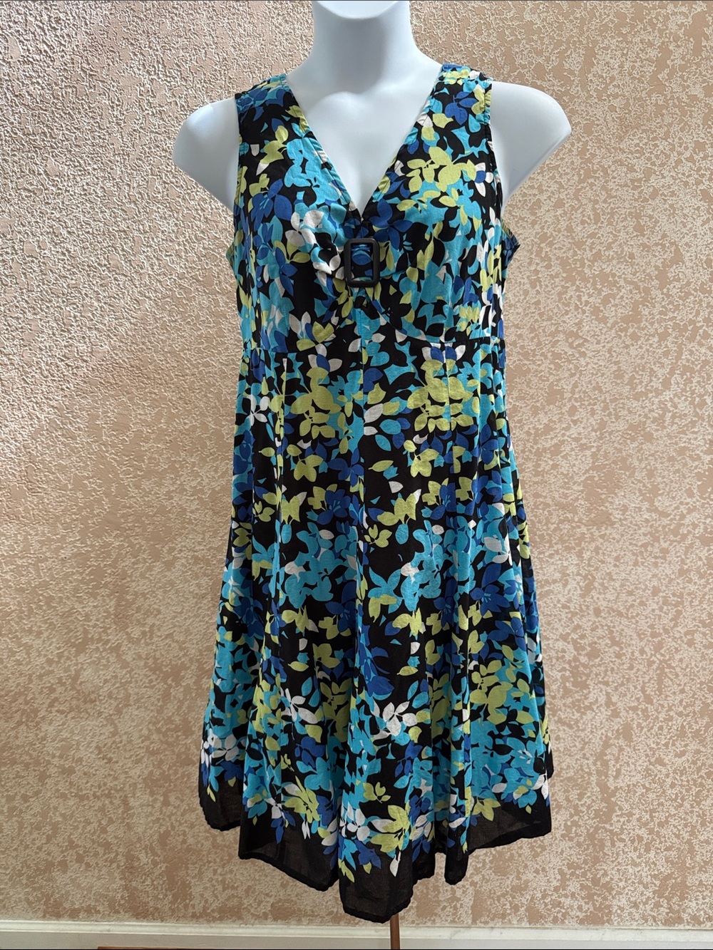 Notations Floral V-Neck Dress in Blue, Lime and Black